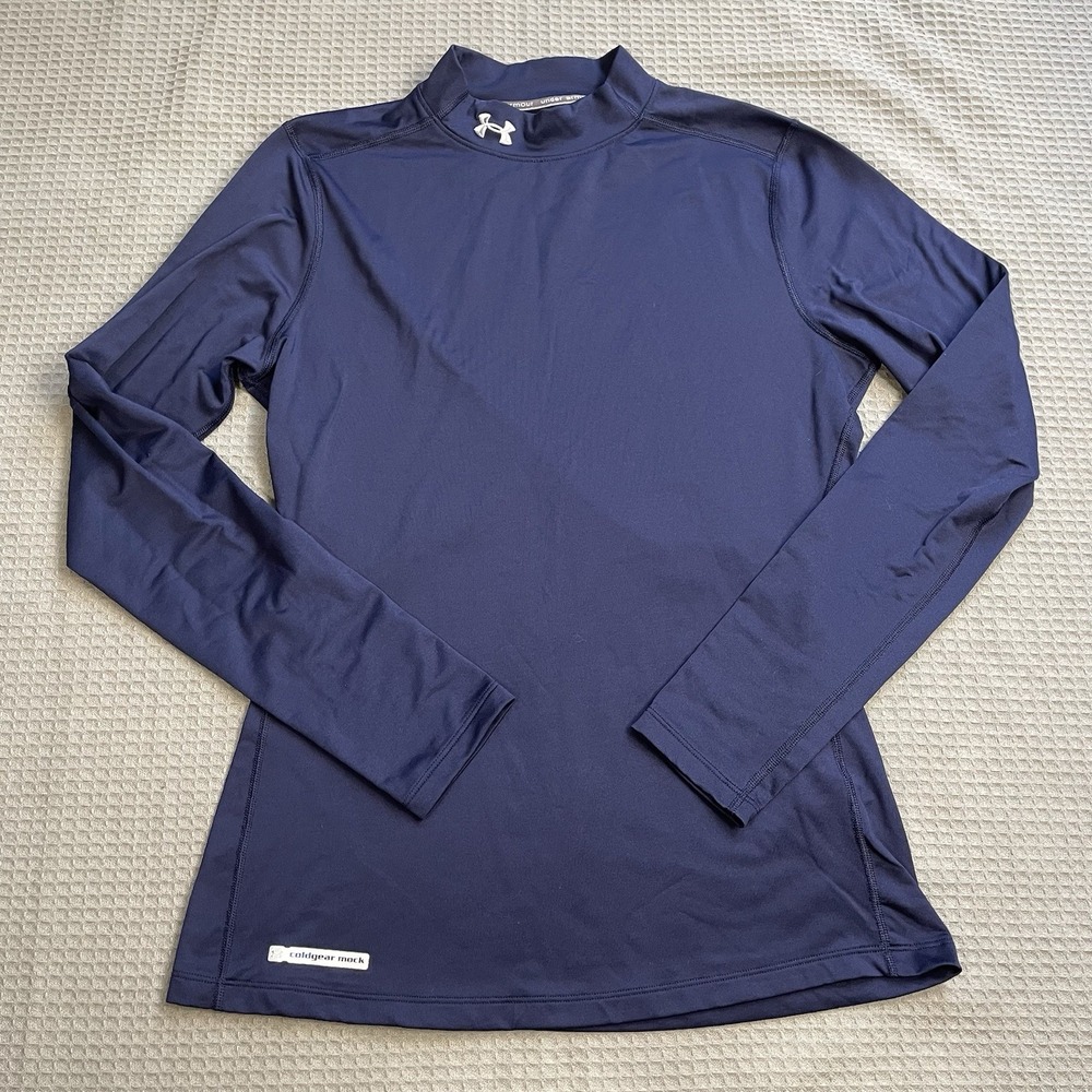 Under Armour Cold Gear Mock Neck Fitted Shirt Large Womens Navy Blue